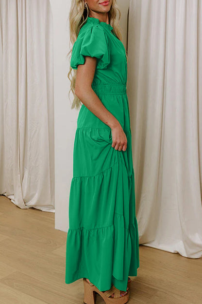 Solid V-Neck Short Puff Sleeve Tiered Maxi Dress