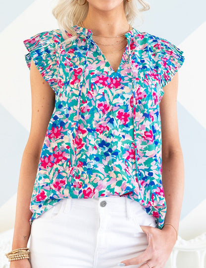 Artsy Floral Pleated Sleeve Top