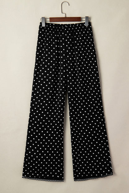 Polka Dot Elastic Waist Lace Hem Pants