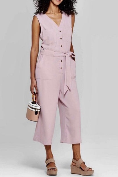 Button-Up Sleeveless Belted Jumpsuit