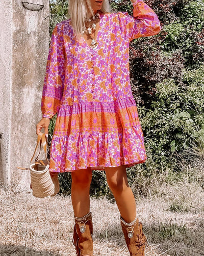 Boho Floral V-Neck Ruffle Dress