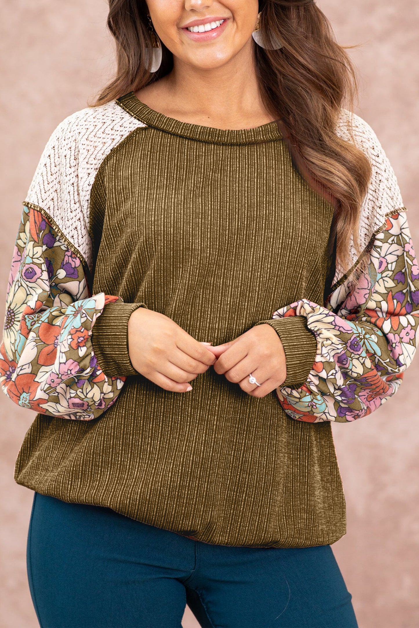 Floral Lace Patchwork Ribbed Blouse