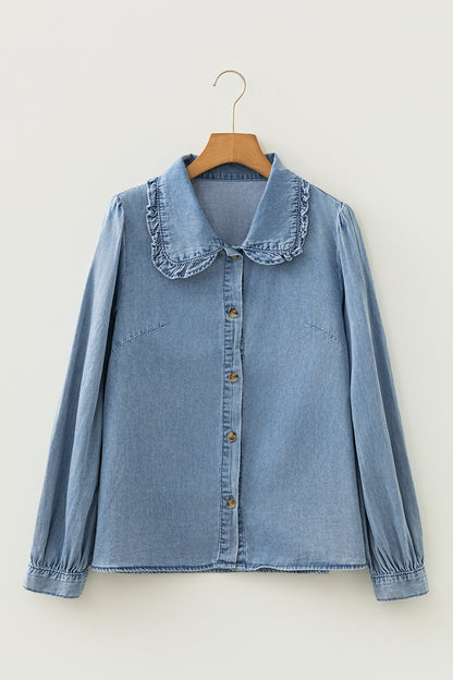 Western Denim Ruffle Peter Pan Collar Shirt