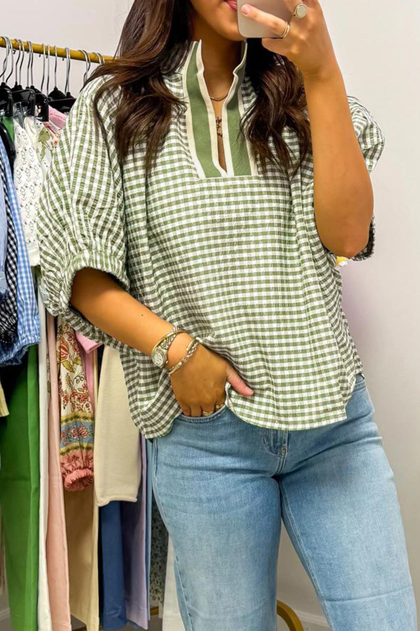Gingham Plaid Colorblock Trim Split Neck Blouse