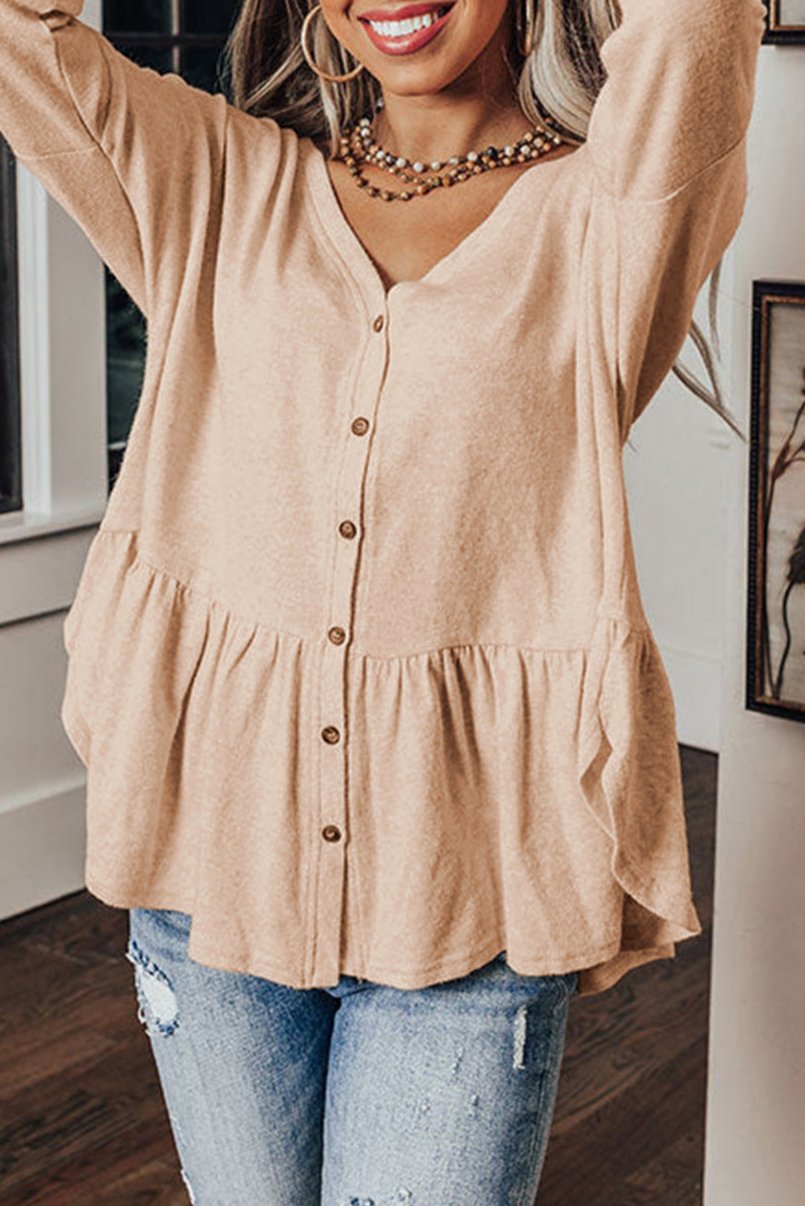 Ruffle V-Neck Buttoned Shirt