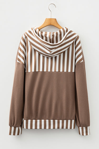 Stripe Patchwork Waffle Knit Buttoned Hoodie