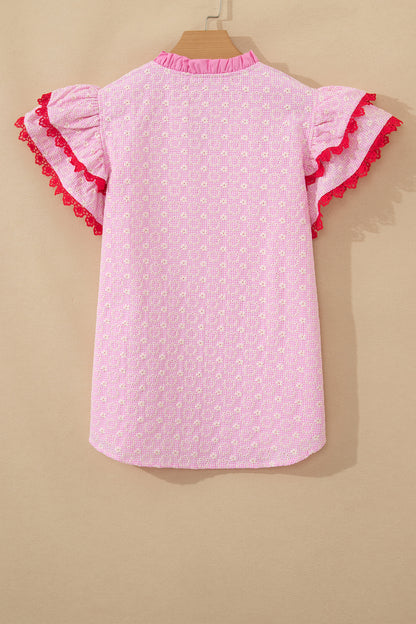 Flower Eyelet Embroidered Lace Flutter Sleeve Blouse