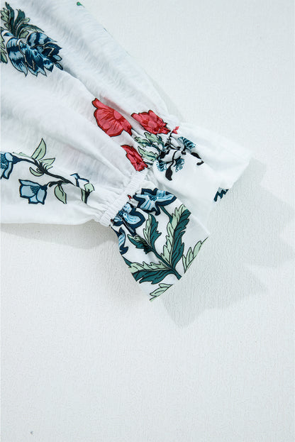 Floral Frilled V-Neck Long Sleeve Buttoned Shirt