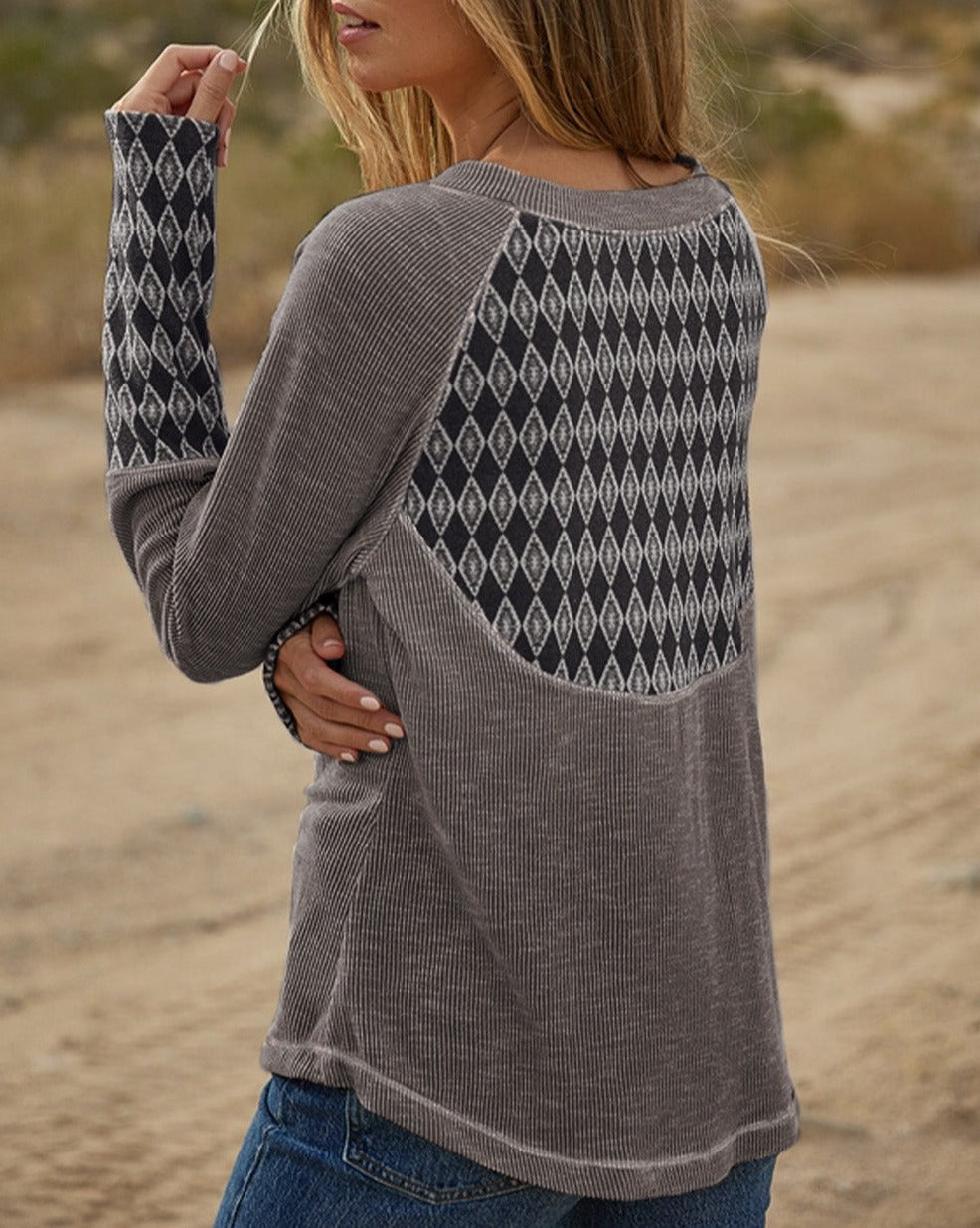 Aztec Ribbed Long Sleeve Top