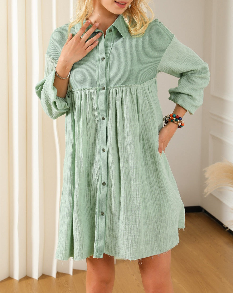 Gauze Puff Sleeve Shirt Dress