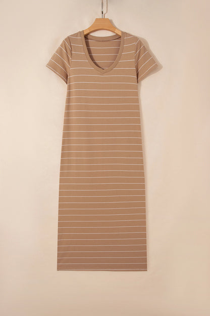 Stripe Short Sleeve Side Slit Maxi Dress
