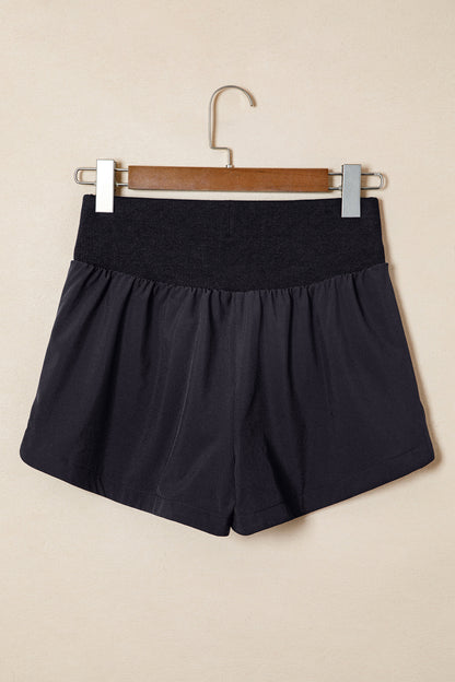 Solid Ribbed Patchwork High Waist Athletic Shorts