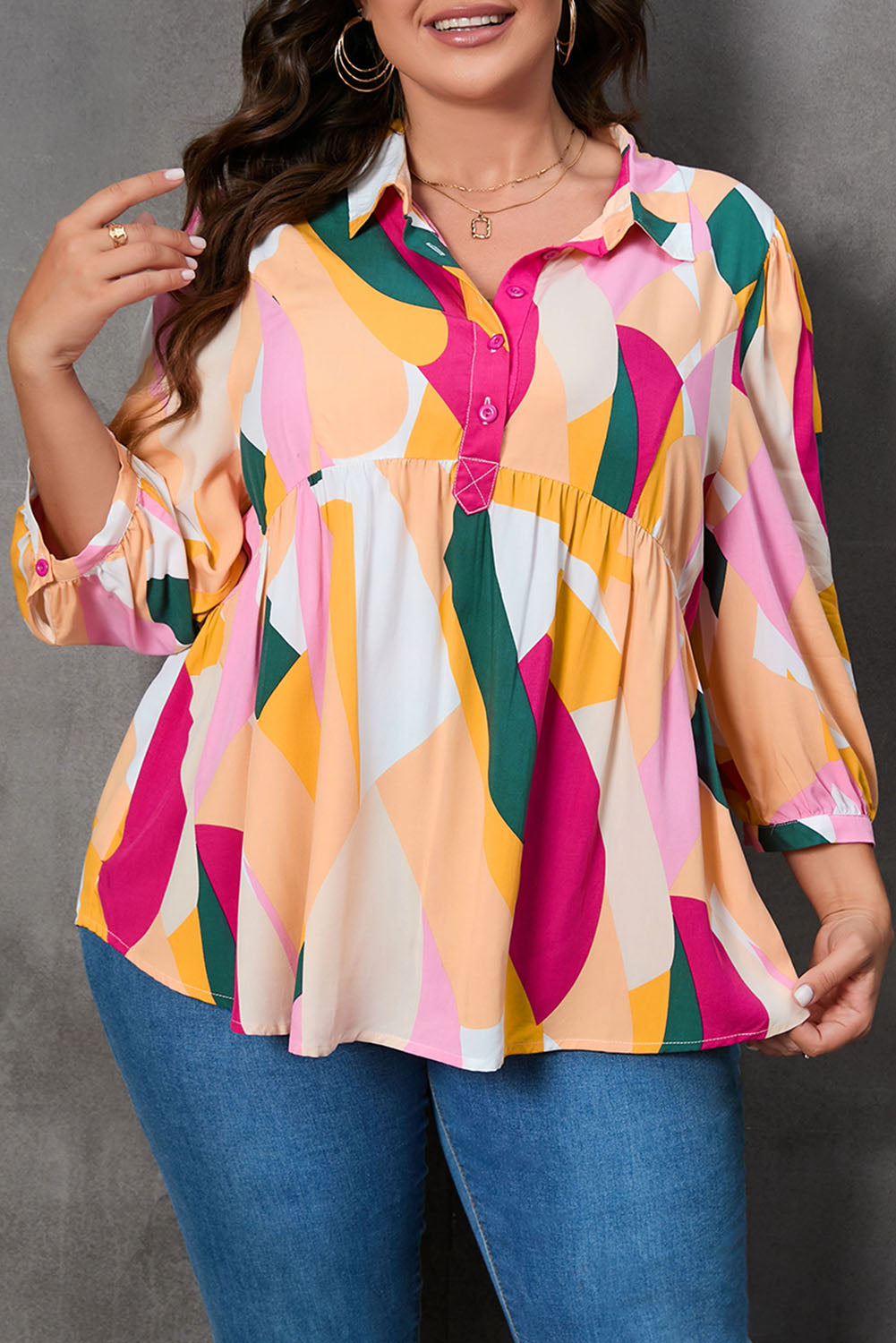 Geometric 3/4 Sleeve Blouse Plus Size