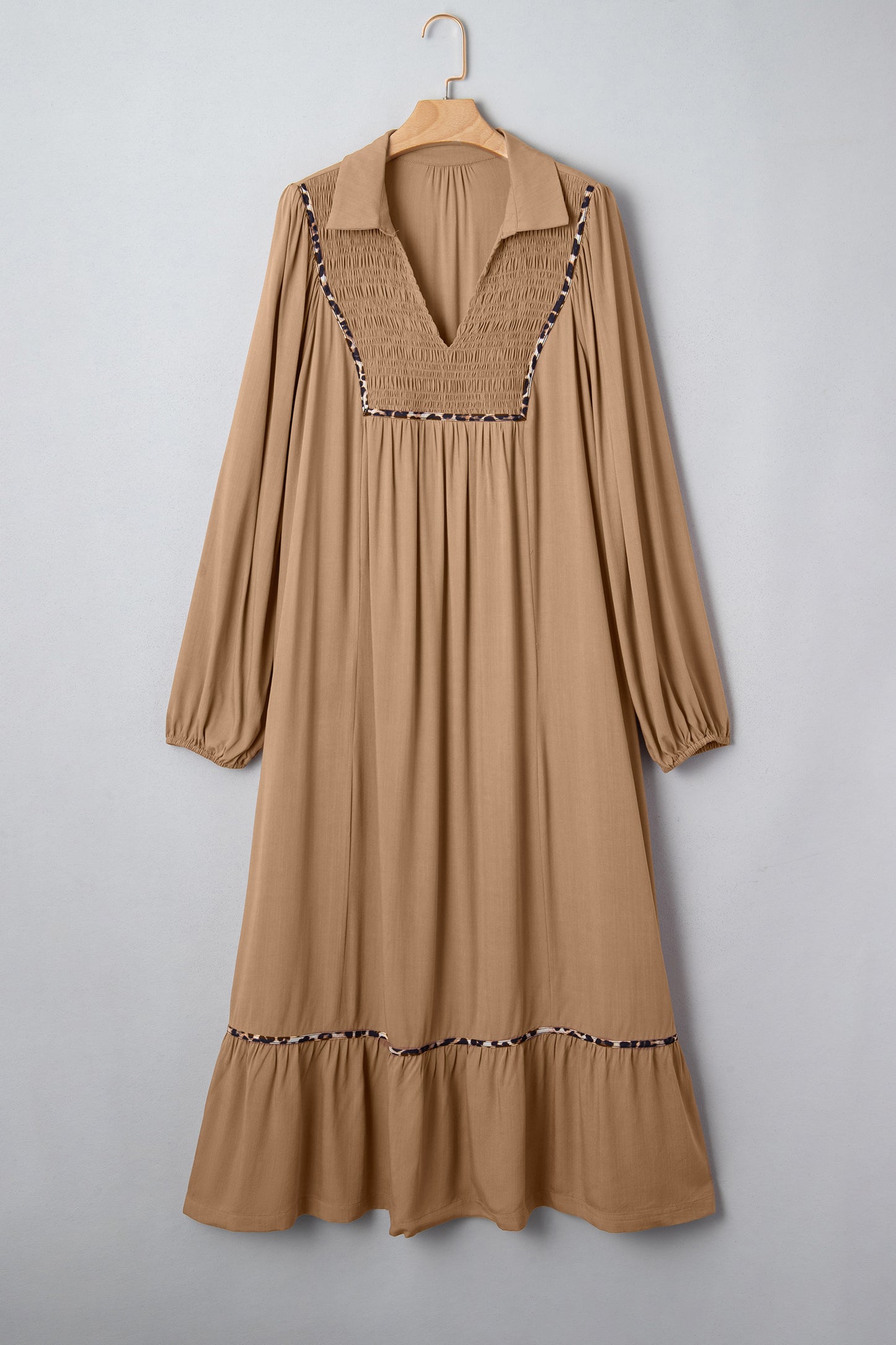 Plus Size Smocked V-Neck Leopard Piping Maxi Dress