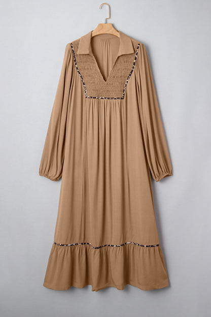 Plus Size Smocked V-Neck Leopard Piping Maxi Dress