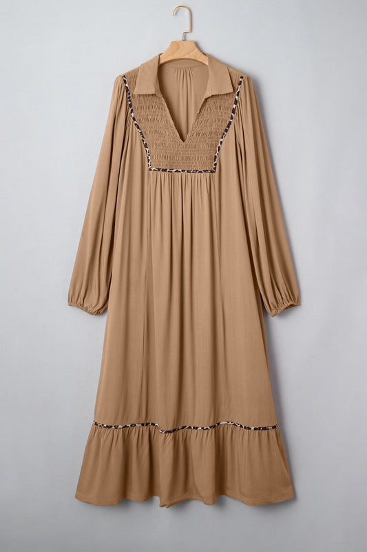 Plus Size Smocked V-Neck Leopard Piping Maxi Dress