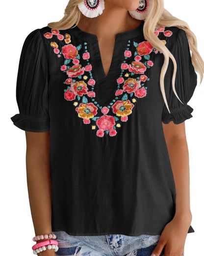 Floral Embroidered Ruffle Blouse