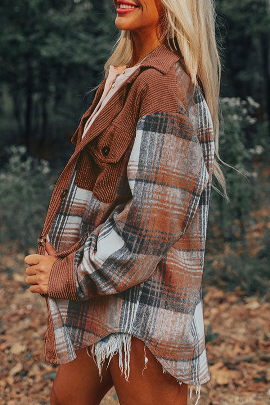 Plaid Corduroy Patchwork Pocketed Shacket