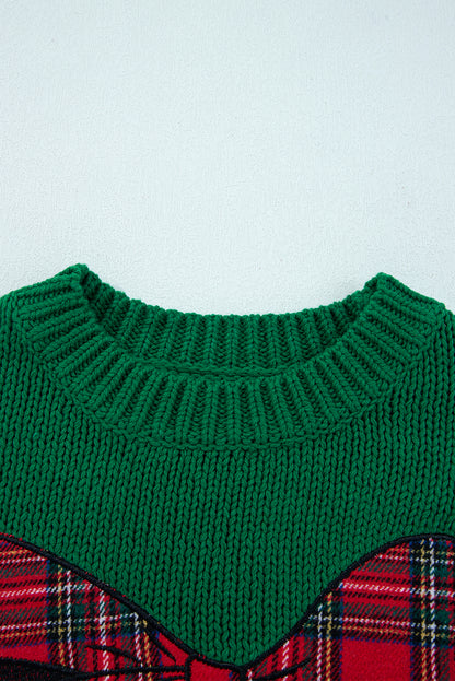 Plaid Bow Drop Shoulder Christmas Sweater