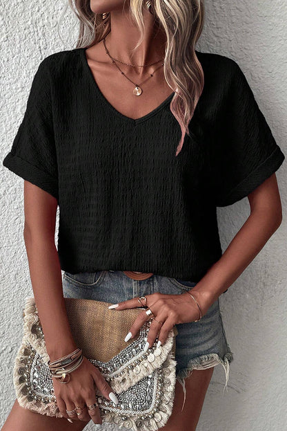 Rolled Short Sleeve V-Neck Blouse