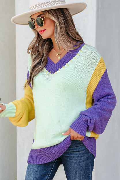 Colorblock Stitched V-Neck Drop Shoulder Sweater