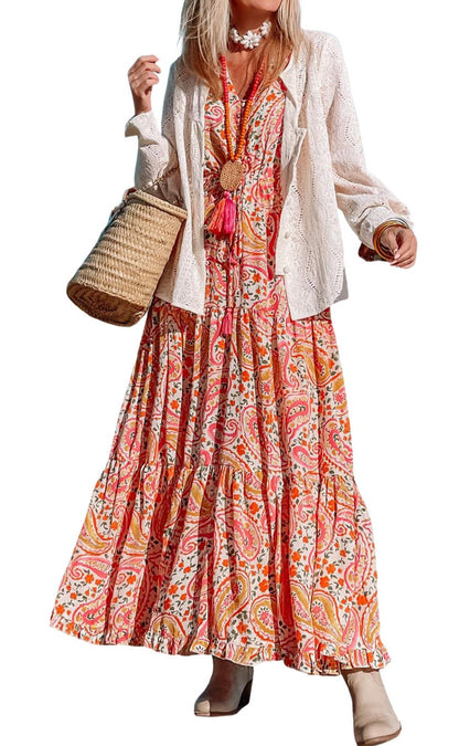 Paisley Long Sleeve Tiered Maxi Dress