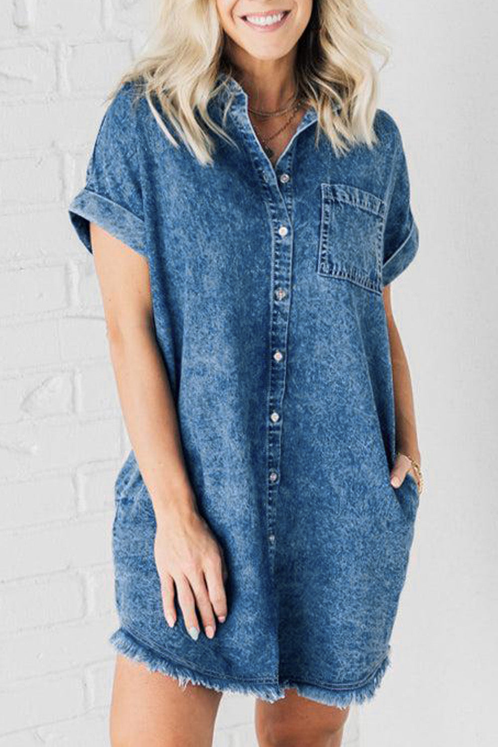 Denim Raw Edge Buttoned Dress