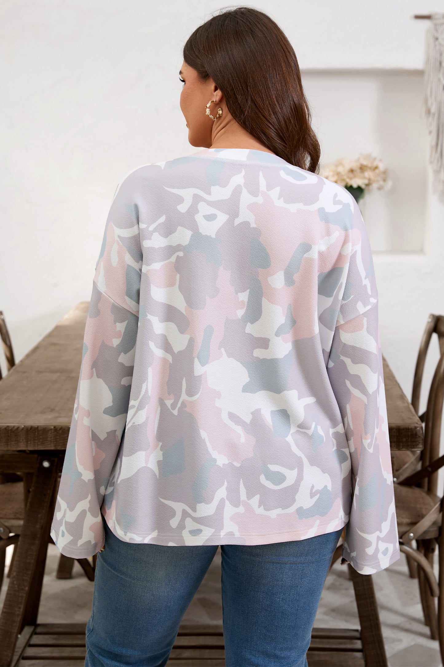 Plus Size Camo Drop Shoulder Pullover Top