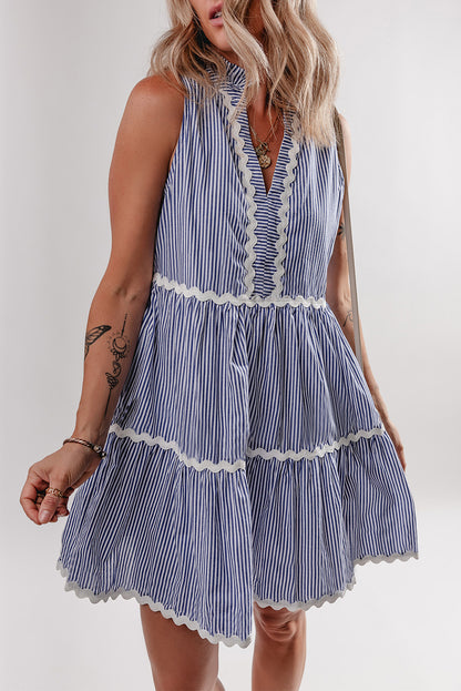 Stripe Sleeveless Contrast Ricrac Trim Mini Dress