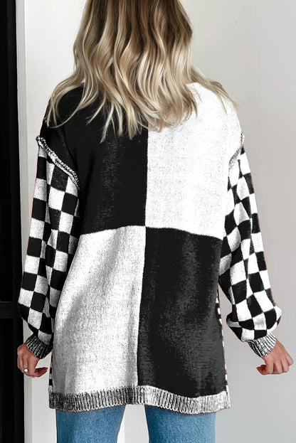 Plus Size Checker Drop Shoulder Open Front Cardigan