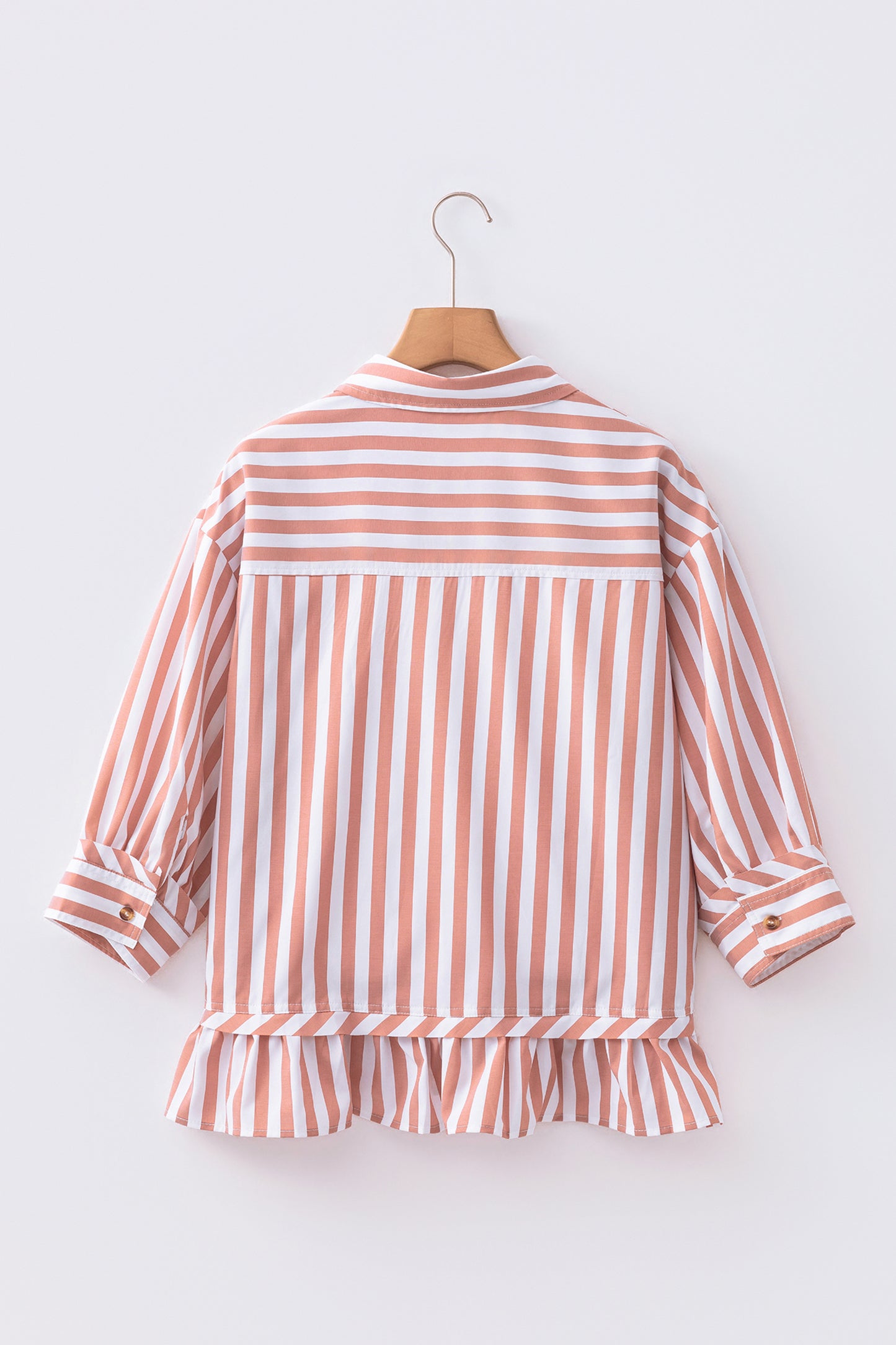 Stripe Ruffle Hem 3/4 Sleeve Buttoned Shirt