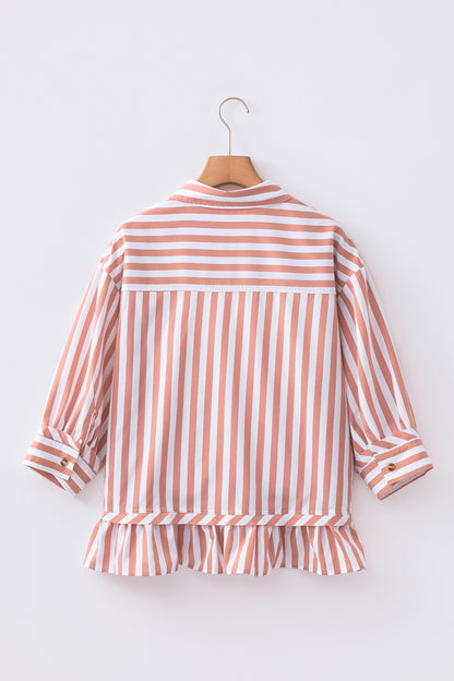 Stripe Ruffle Hem 3/4 Sleeve Buttoned Shirt