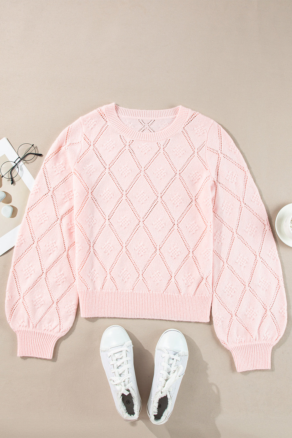 Pointelle Knit Puff Sleeve Sweater