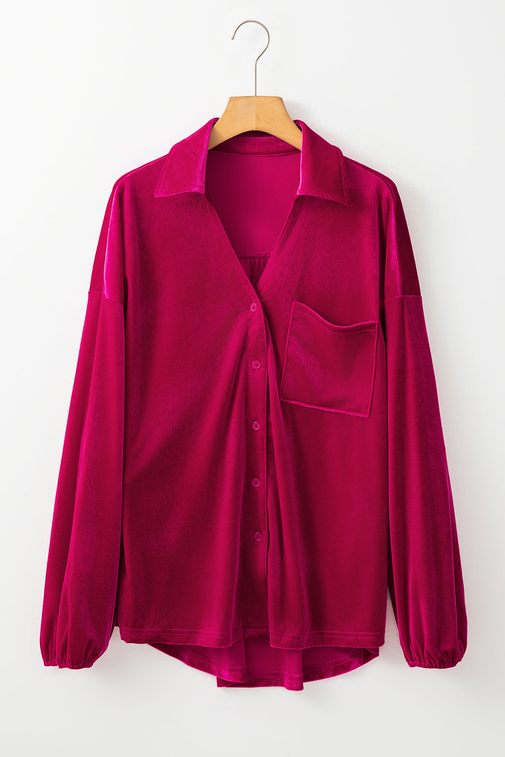 Velvet Buttoned V-Neck Pocketed Shirt