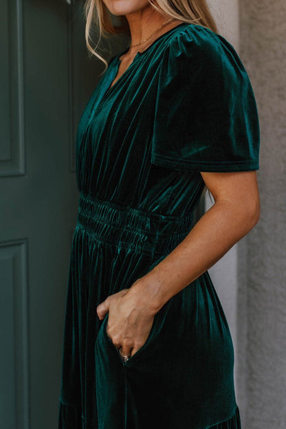 Velvet Shirred Waist Maxi Dress