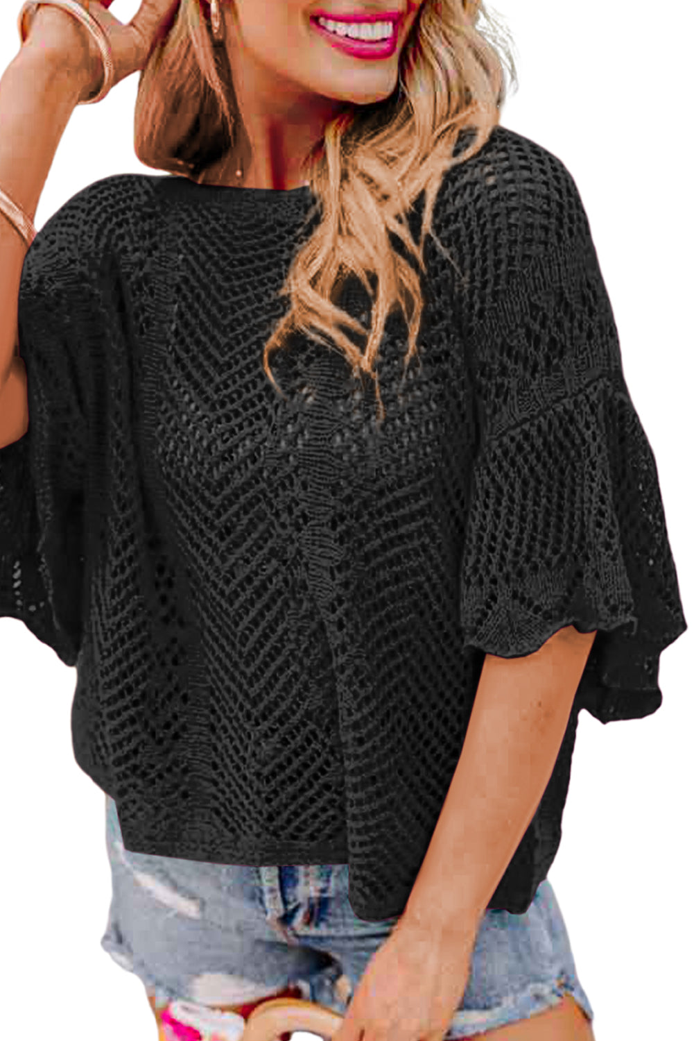 Pointelle Knit Scallop Edge Top