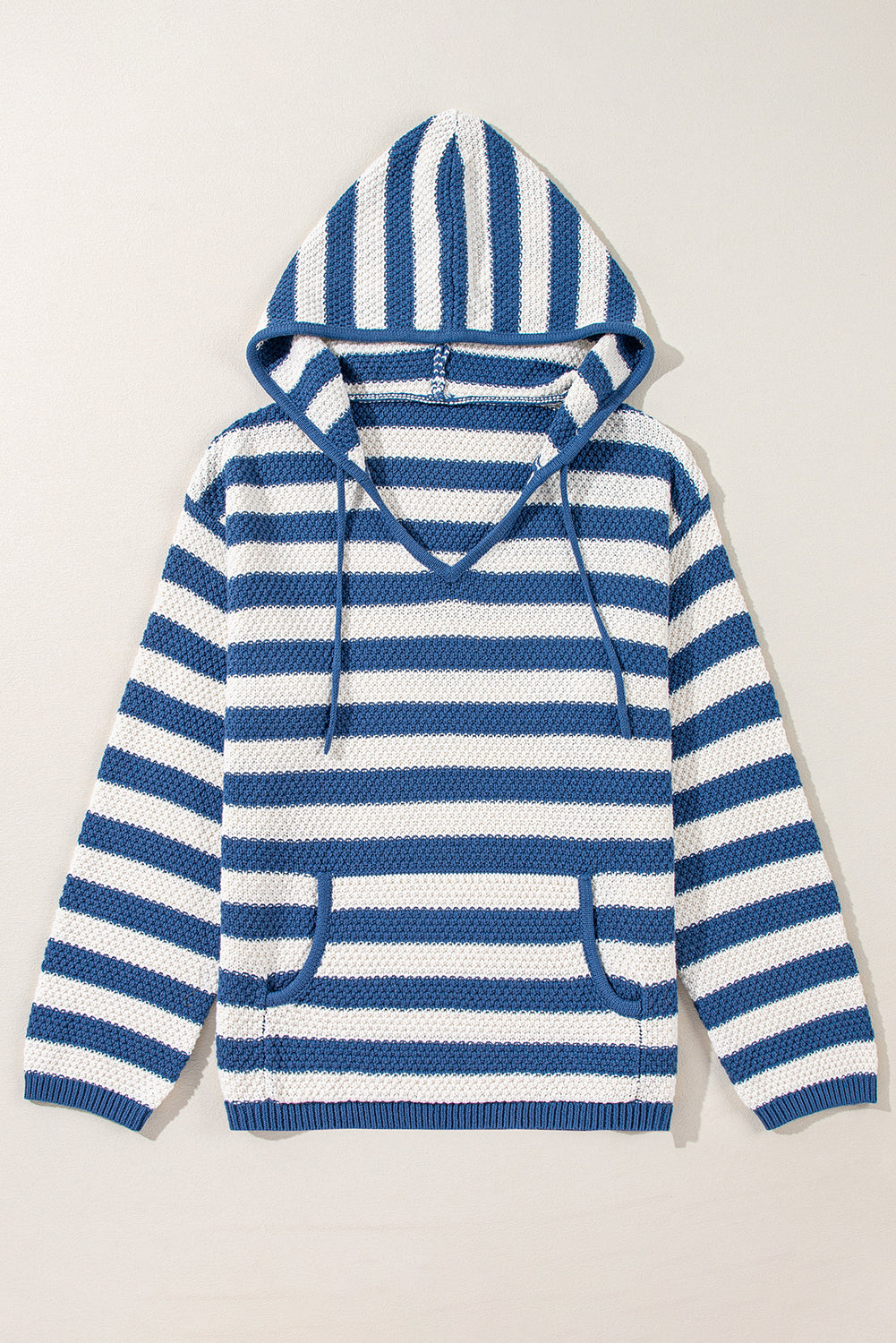 Stripe Drawstring Hooded V-Neck Sweater