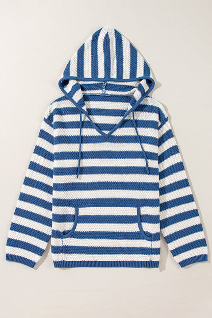 Stripe Drawstring Hooded V-Neck Sweater