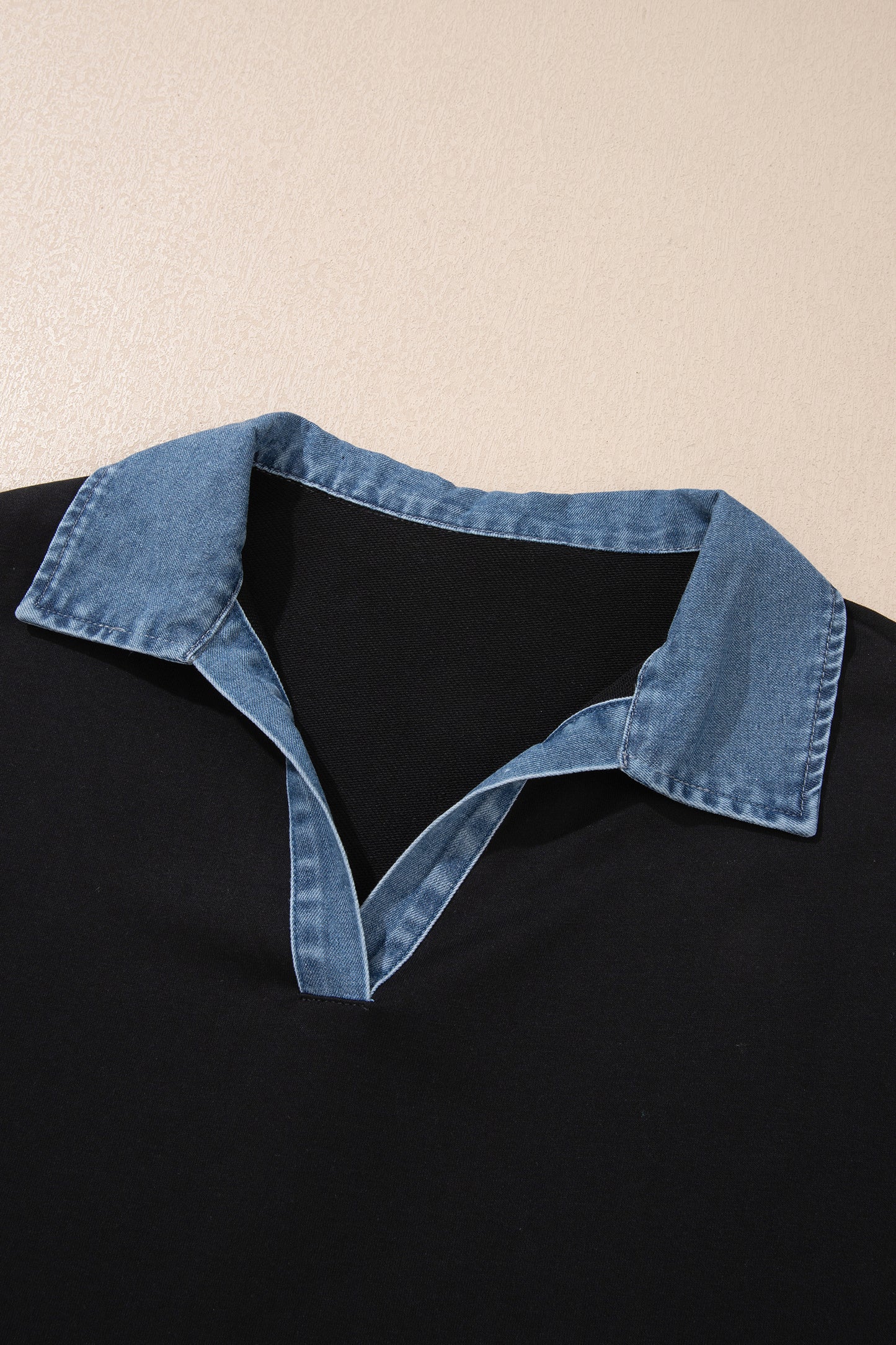 Plus Size Denim Collared V-Neck Long Sleeve Knit Blouse