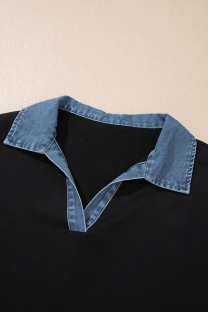 Plus Size Denim Collared V-Neck Long Sleeve Knit Blouse