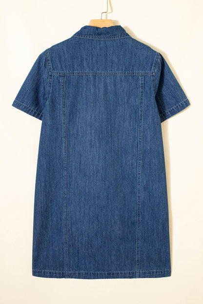 Denim Zip-Up Collar Short Sleeve Mini Dress