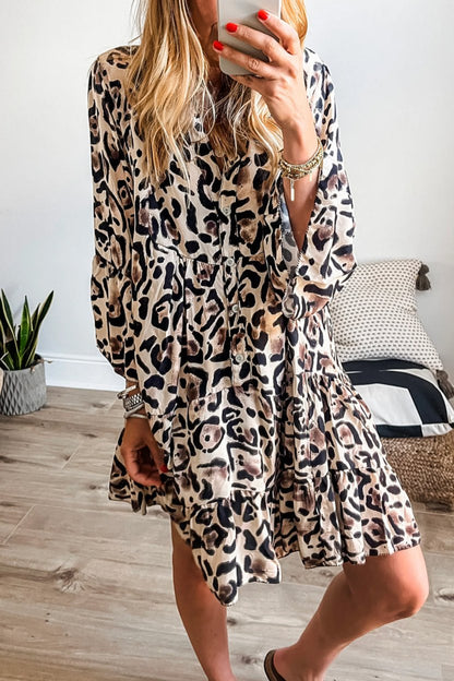 Leopard 3/4 Sleeve Ruffle Hem Dress