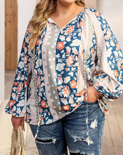 Floral Dotted Split Neck Blouse Plus Size