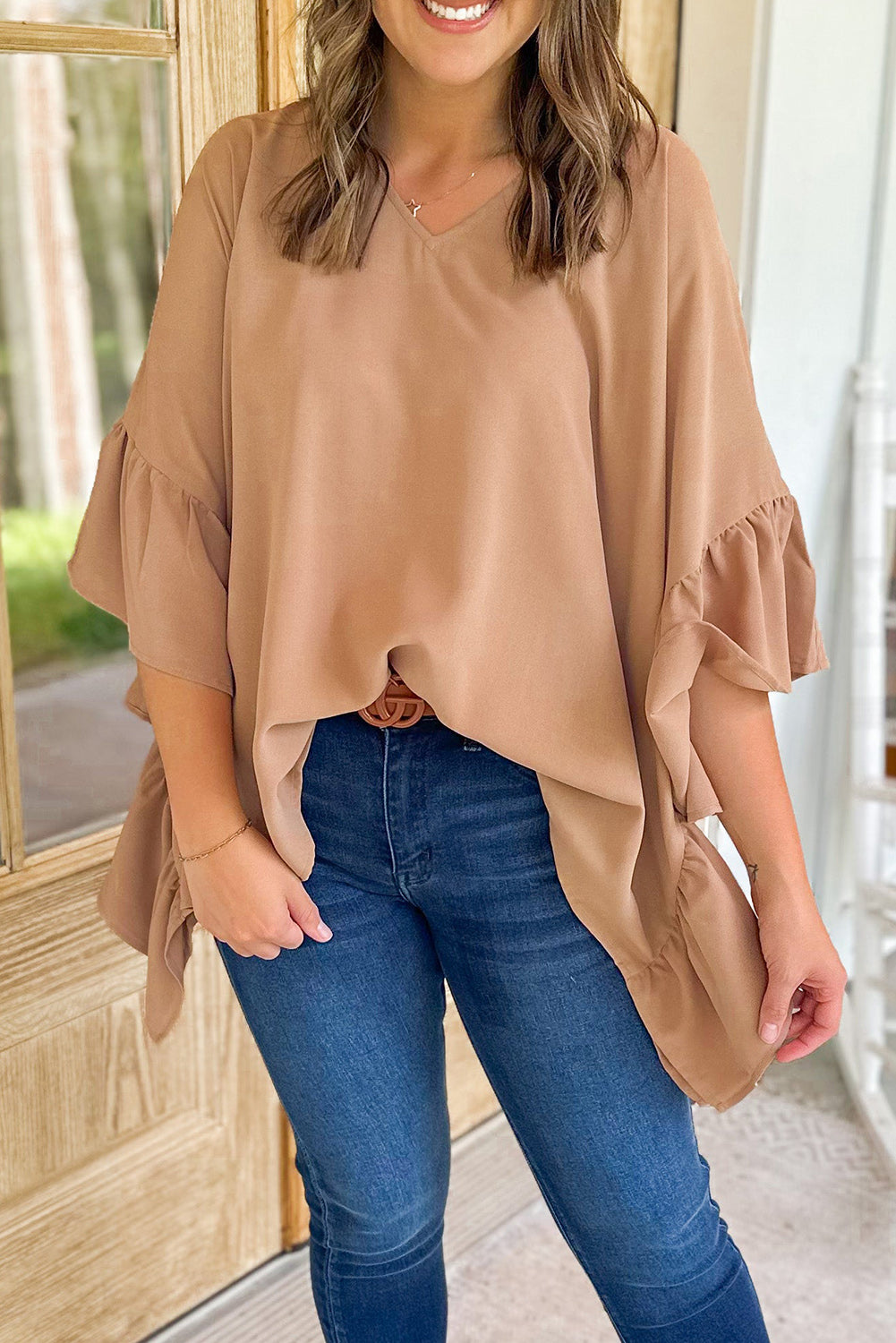 Ruffle Batwing Sleeve V-Neck Blouse Plus Size