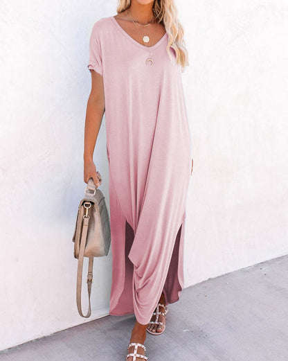 V-Neck Pocketed Maxi Shirt Dress