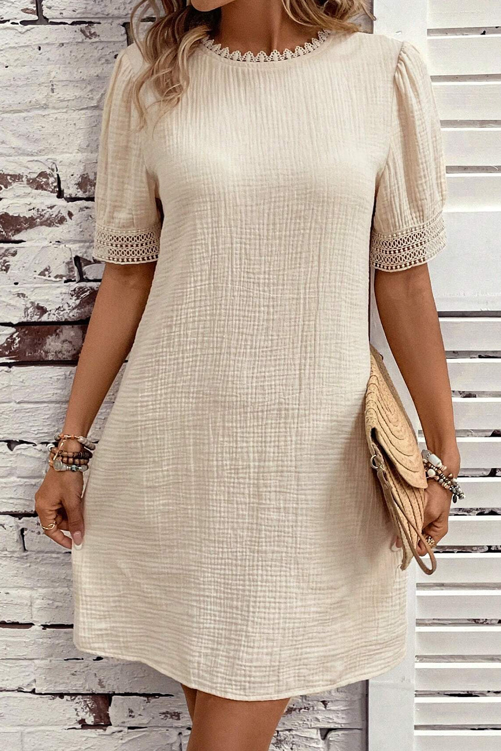 Crinkle Puff Sleeve Shift Dress