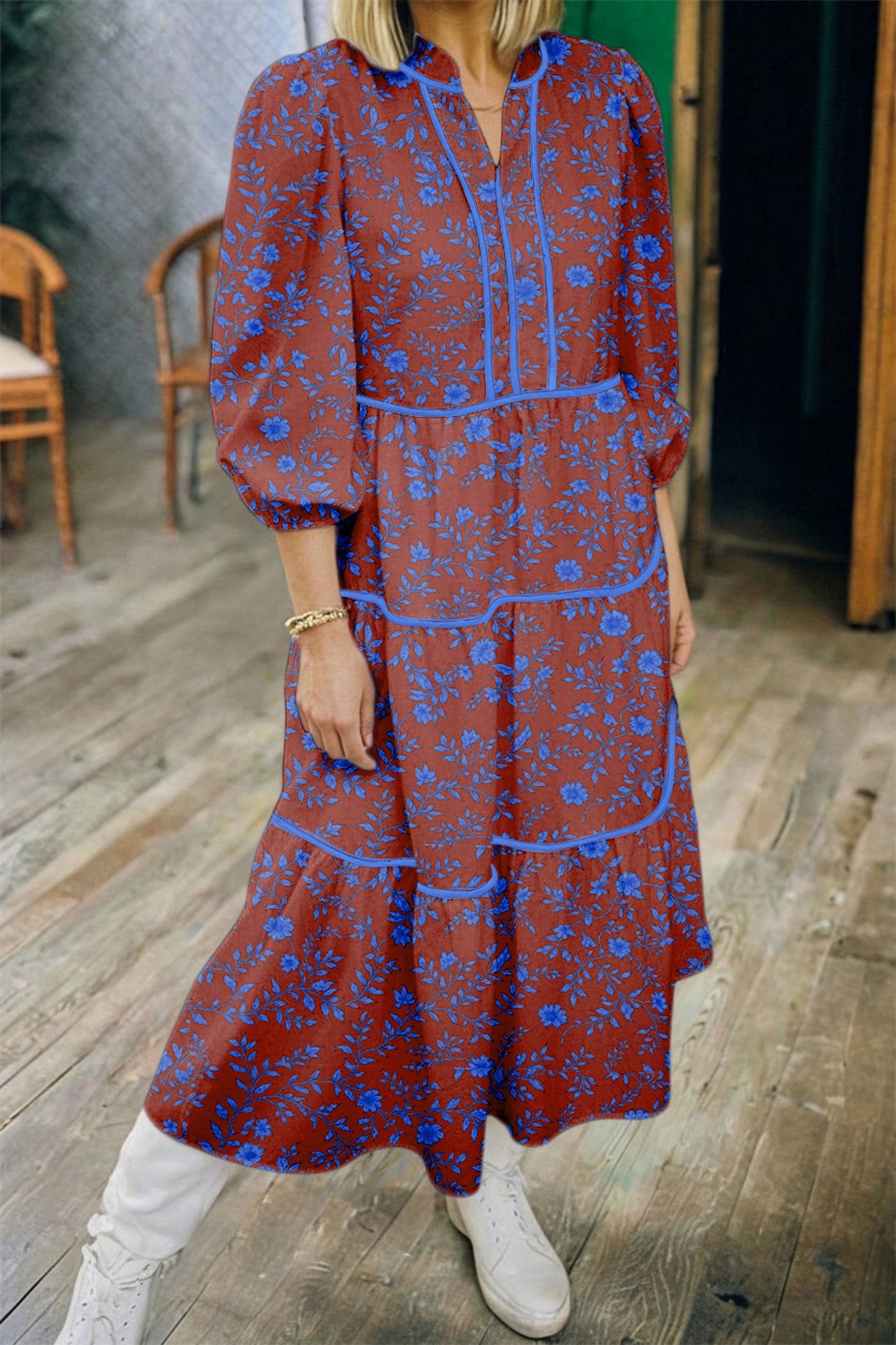 Floral Tiered 3/4 Puff Sleeve Midi Dress