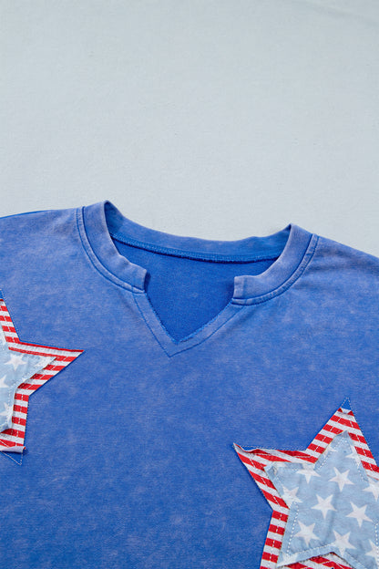 USA Star Patchwork Mineral Wash Notched Neck Tee