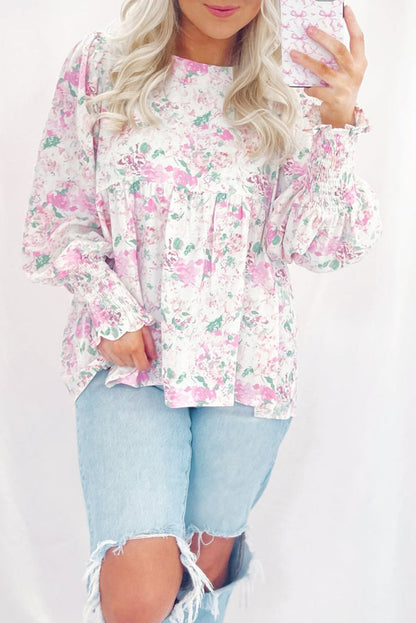 Floral Shirred Balloon Sleeve Blouse