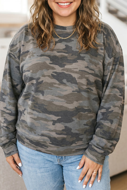 Plus Size Camo Crew Neck Long Sleeve Sweatshirt
